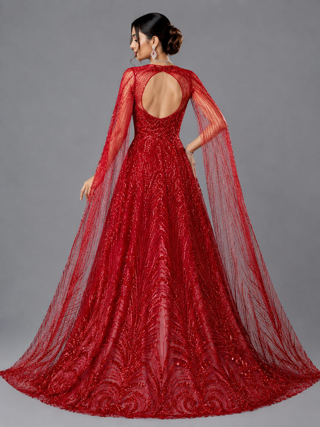 RUBY RED CRYSTAL EMBELLISHED DESIGNER GOWN - Image 3