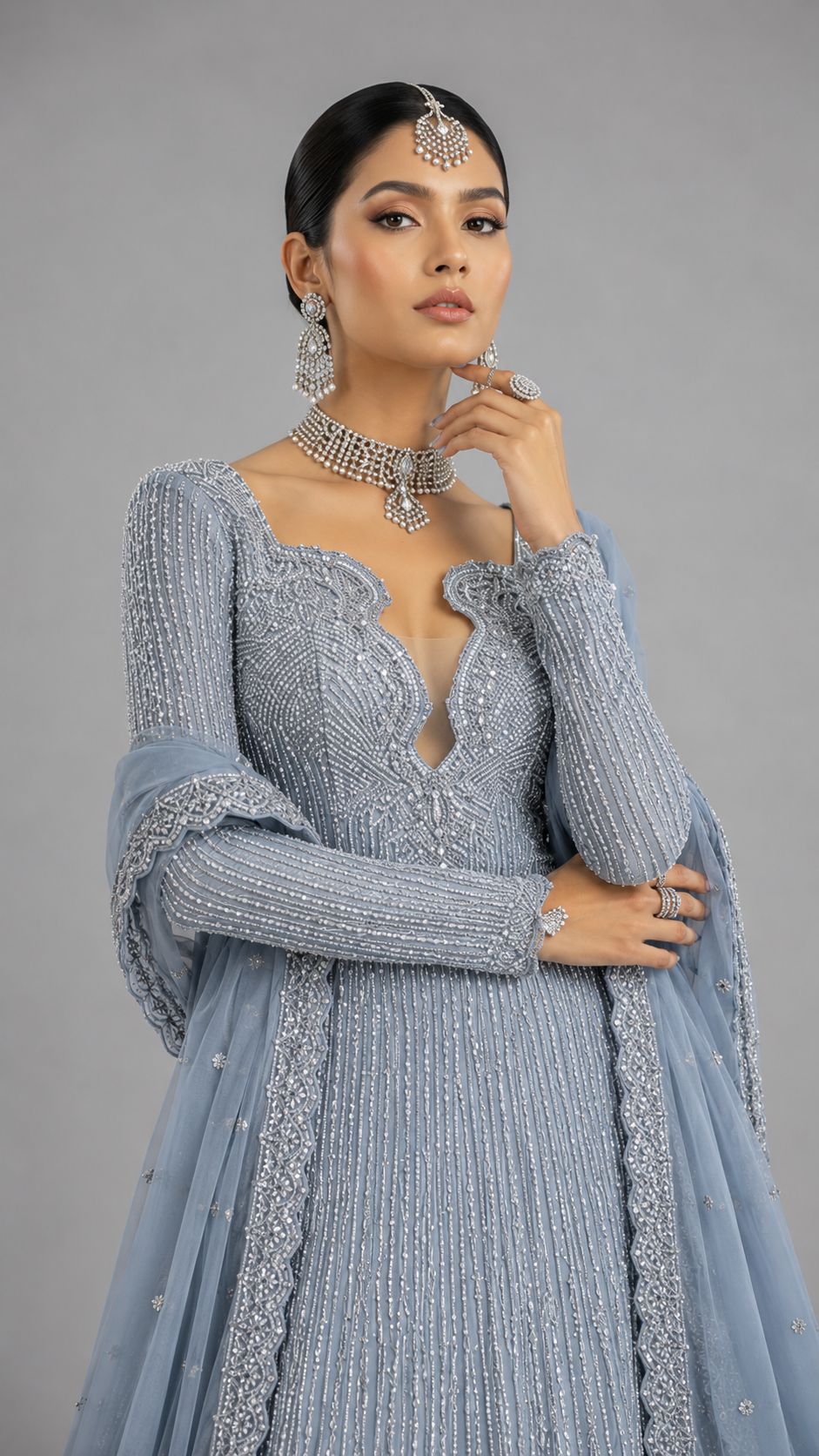 ICE BLUE CRYSTAL EMBELLISHED DESIGNER GOWN - Image 2