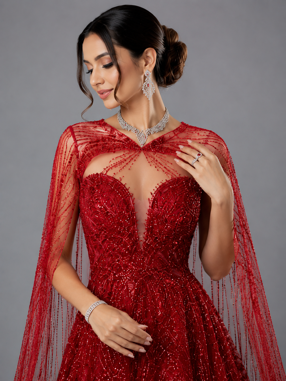 RUBY RED CRYSTAL EMBELLISHED DESIGNER GOWN - Image 2