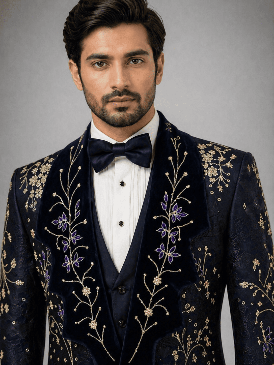 DESIGNER BROCADE NAVY BLUE TUXEDO SUIT - Image 2