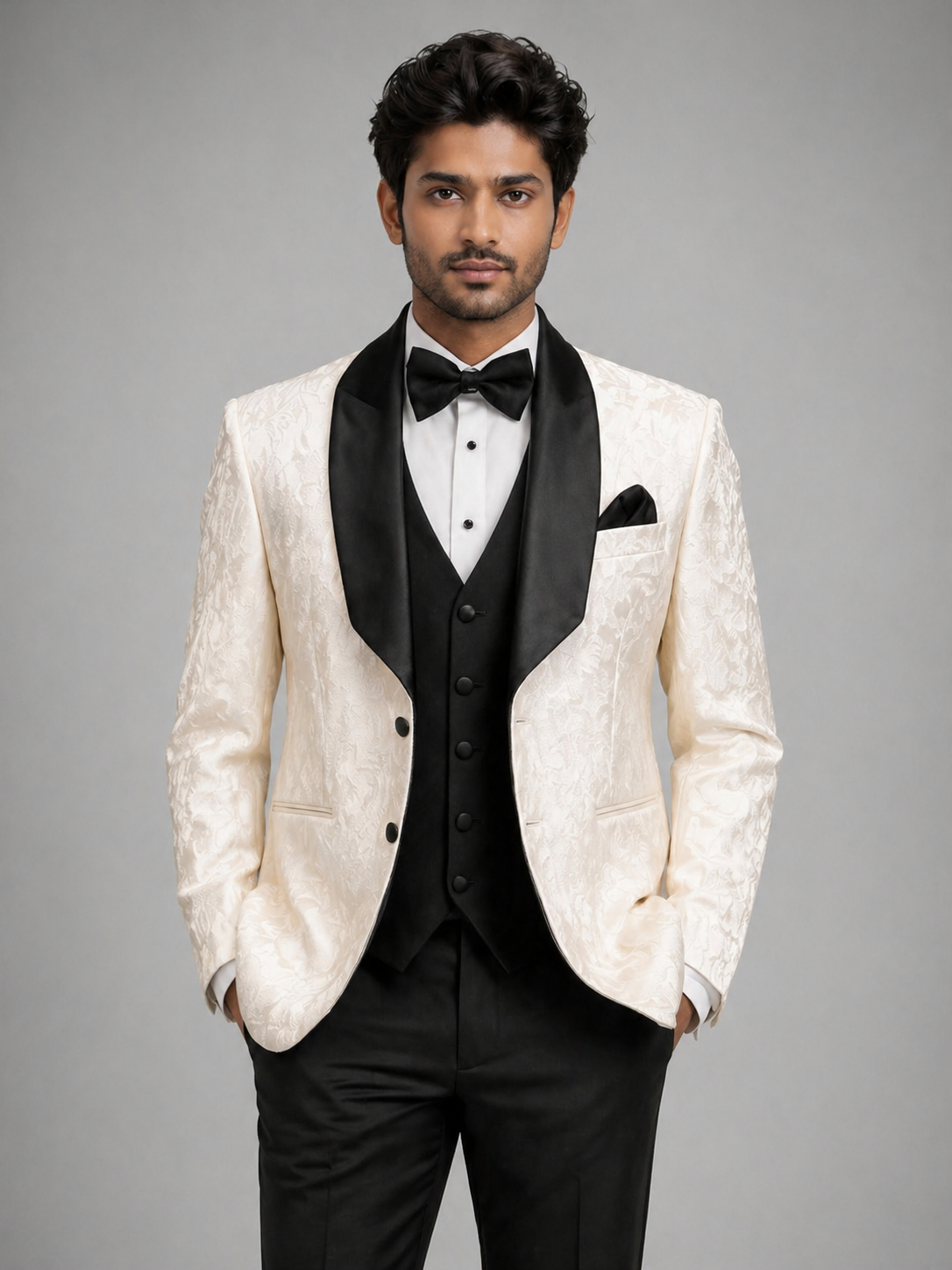 IVORY BROCADE TUXEDO SUIT - Image 2