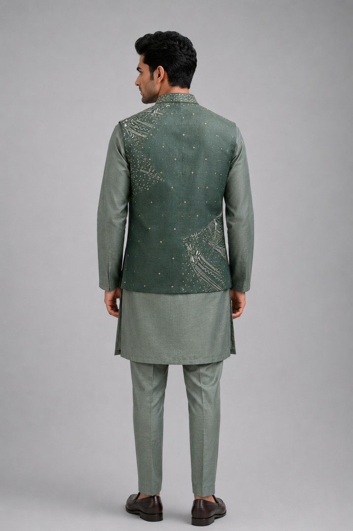 SAGE GREEN DESIGNER INDO-WESTERN KURTA SET - Image 3