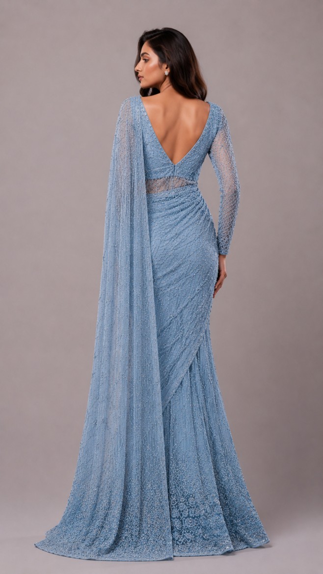 SKY BLUE HAND EMBELLISHED DESIGNER SAREE - Image 3