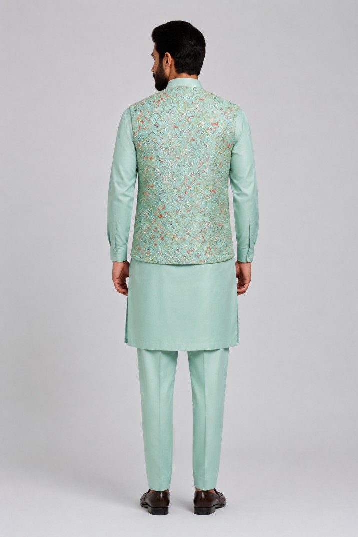 MINT GREEN FLORAL EMBROIDERED KURTA & BANDI SET - Image 3