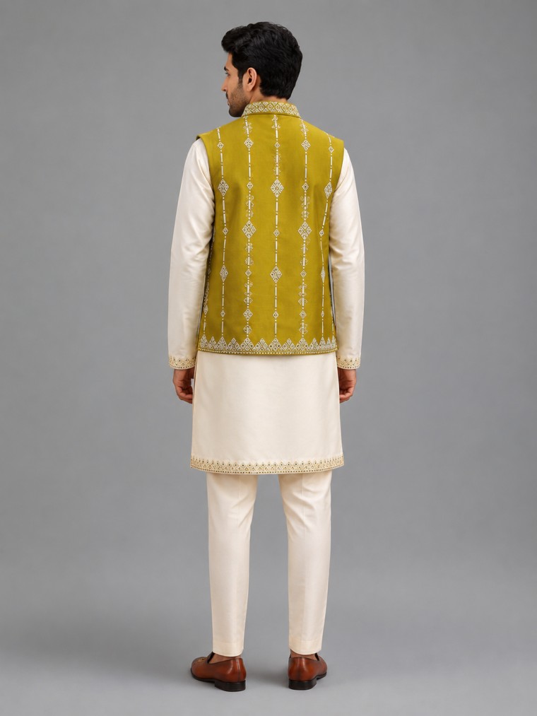 MUSTARD YELLOW EMBROIDERED KURTA SET WITH JACKET - Image 3