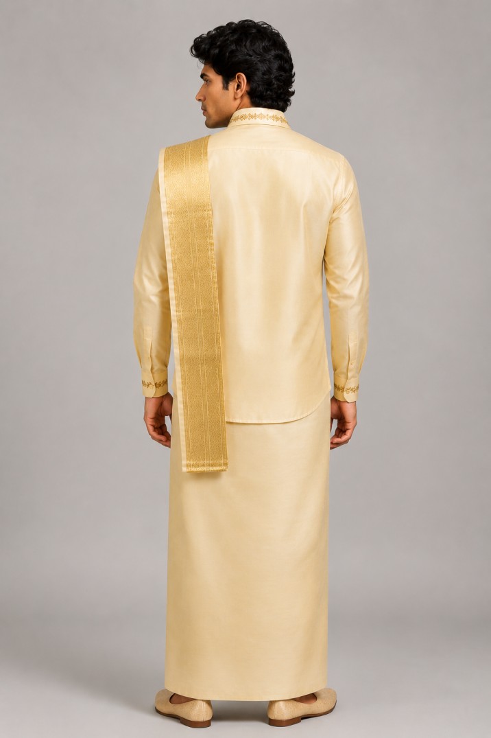 TRADITIONAL IVORY SHIRT & VESHTI SET - Image 3
