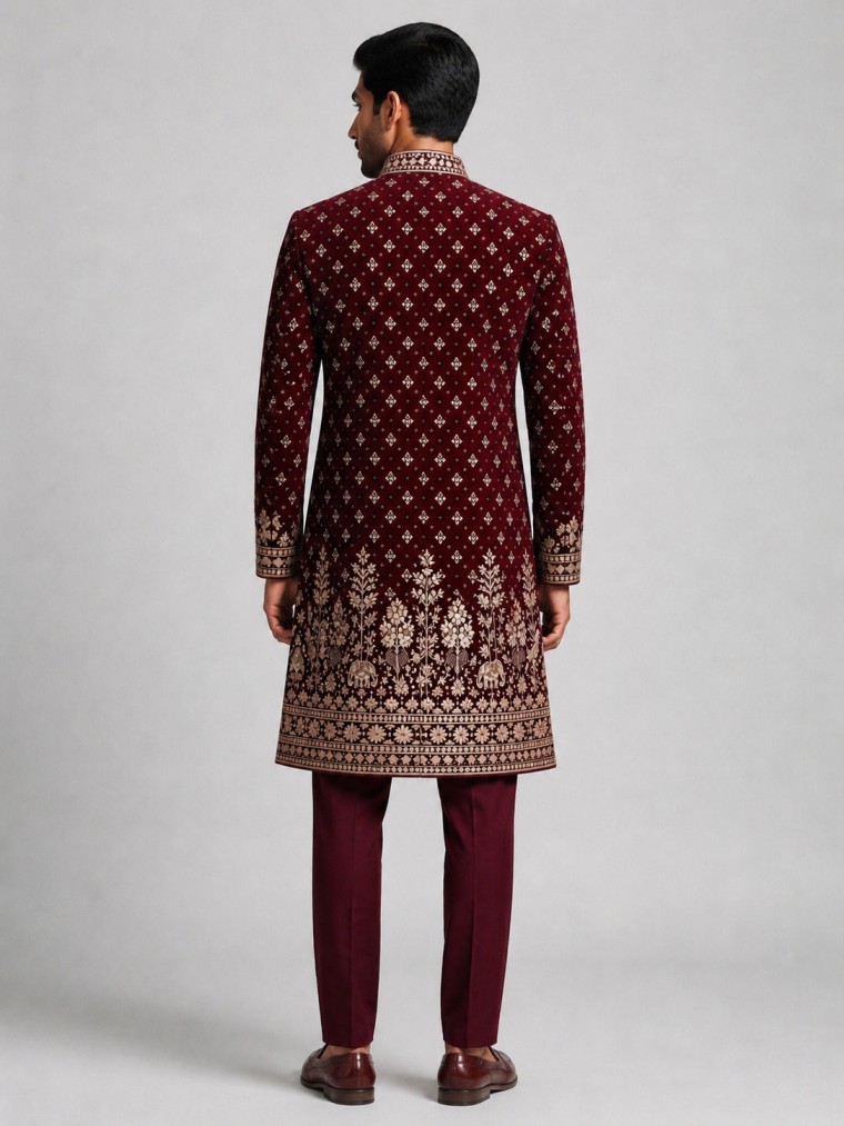 MAROON ZARI EMBROIDERED SHERWANI - Image 3