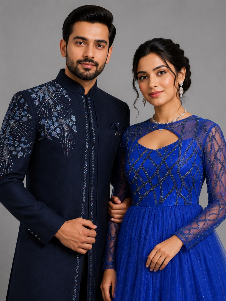 ROYAL & NAVY BLUE INDO WESTERN COUPLE SET - Image 2