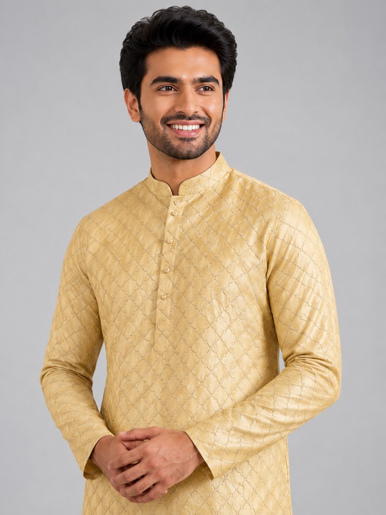 GOLDEN BEIGE TEXTURED BROCADE KURTA SET - Image 2