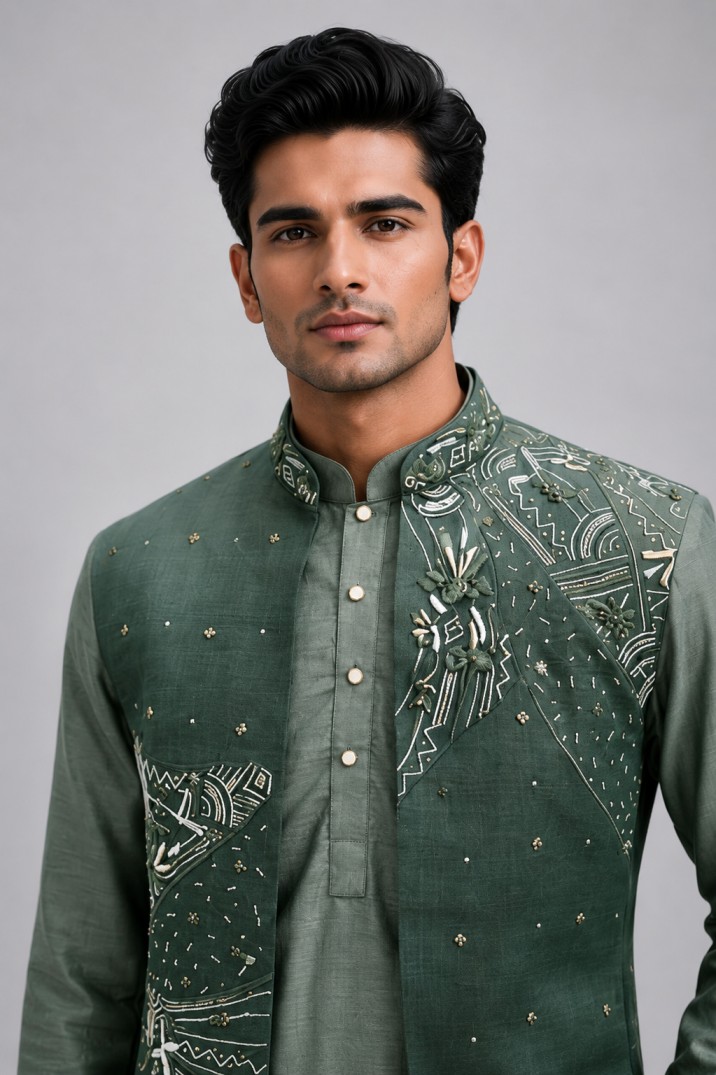 SAGE GREEN DESIGNER INDO-WESTERN KURTA SET - Image 2