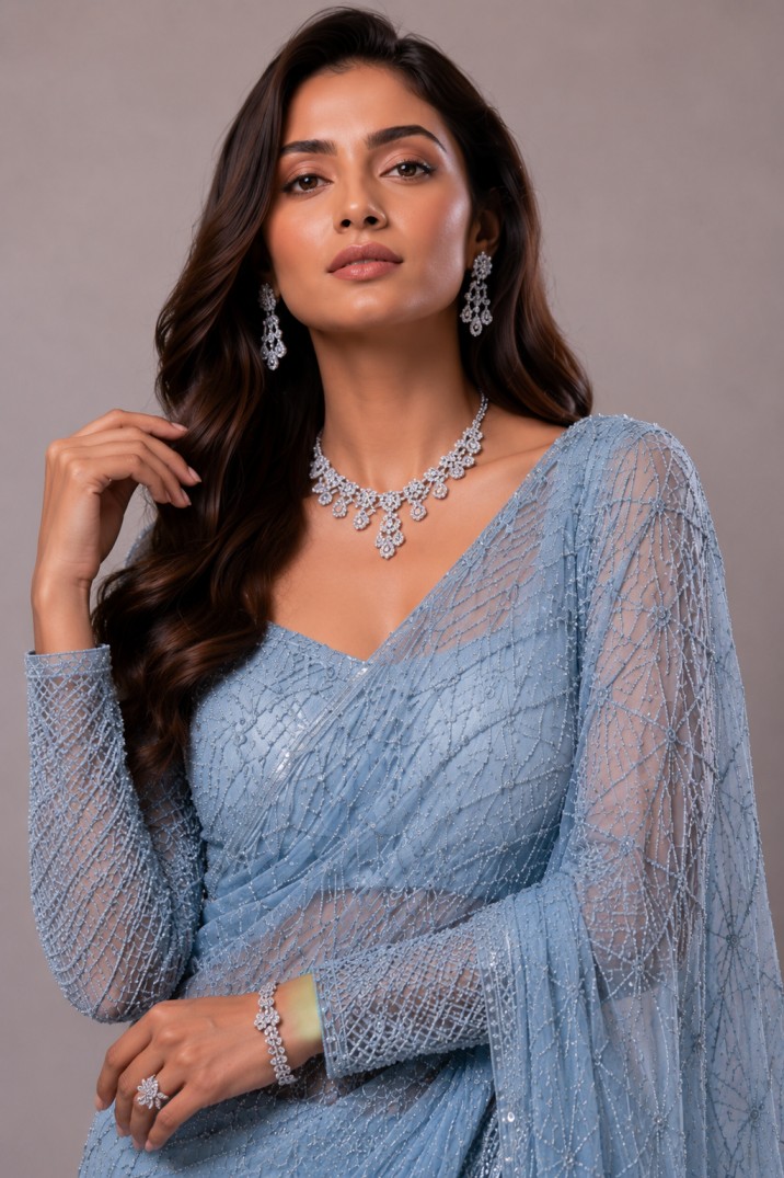SKY BLUE HAND EMBELLISHED DESIGNER SAREE - Image 2