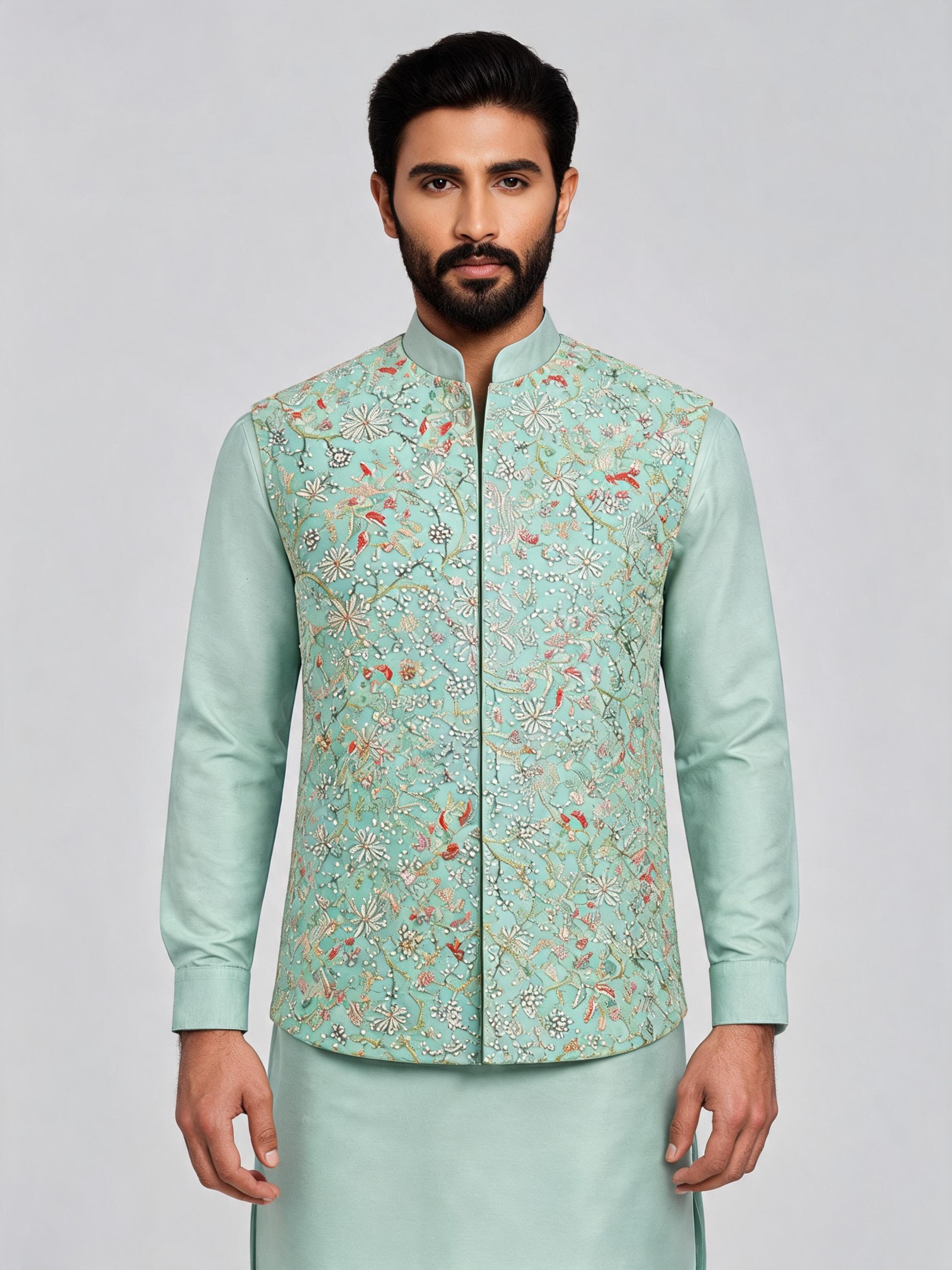 MINT GREEN FLORAL EMBROIDERED KURTA & BANDI SET - Image 2