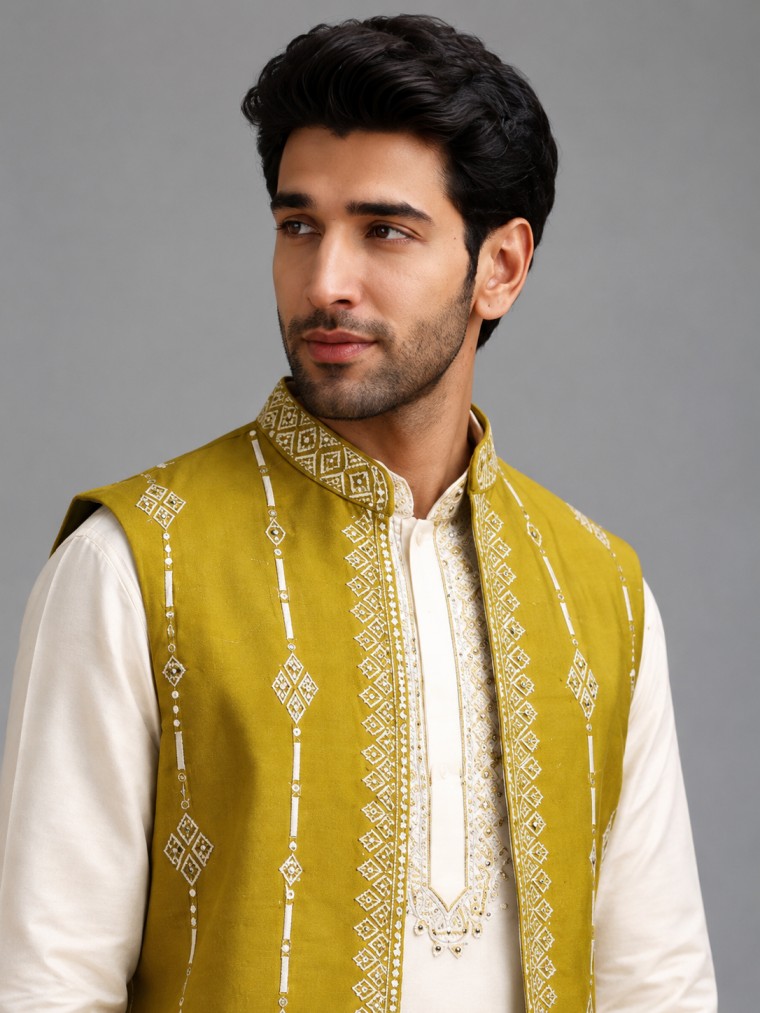 MUSTARD YELLOW EMBROIDERED KURTA SET WITH JACKET - Image 2