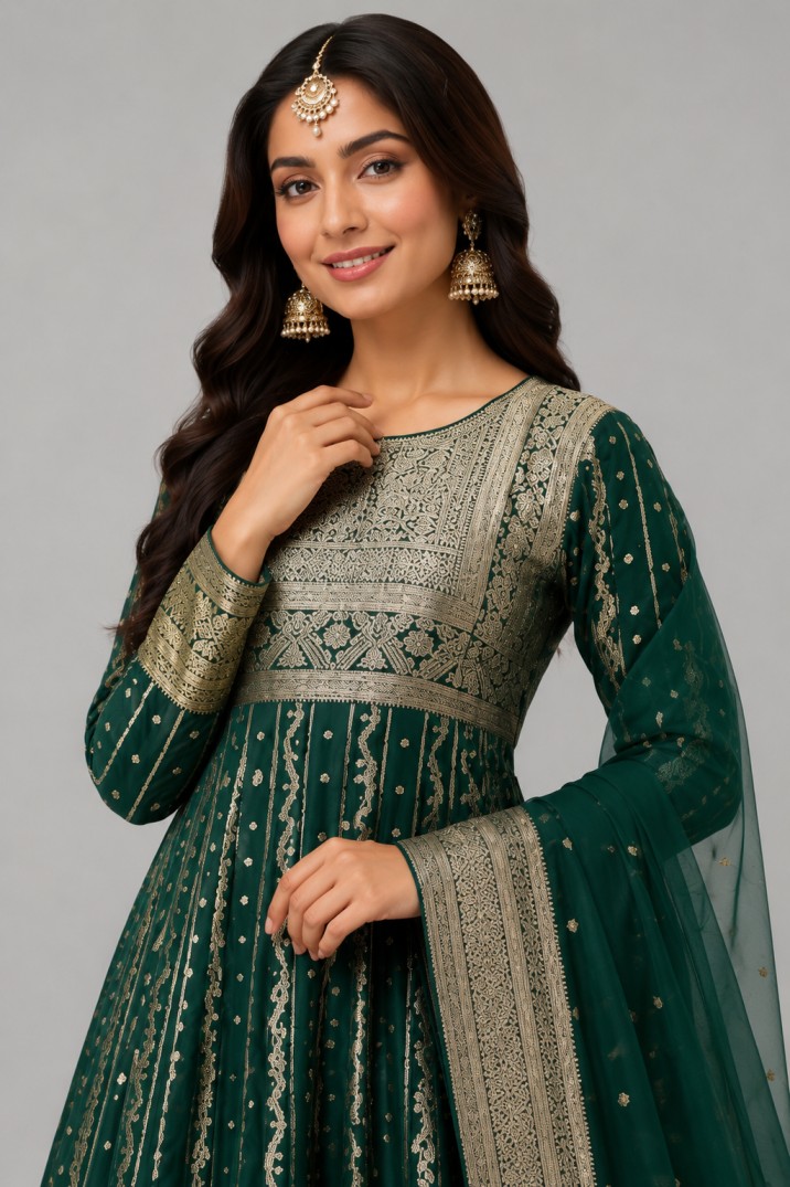 GREEN EMBROIDERED ANARKALI SET - Image 2