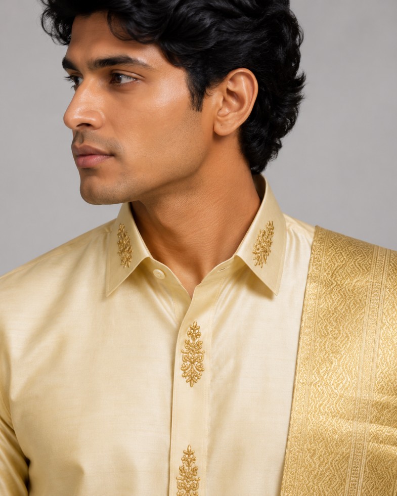 TRADITIONAL IVORY SHIRT & VESHTI SET - Image 2