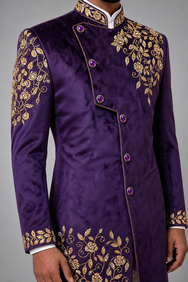 ROYAL PURPLE AARI WORKED SHERWANI - Image 2