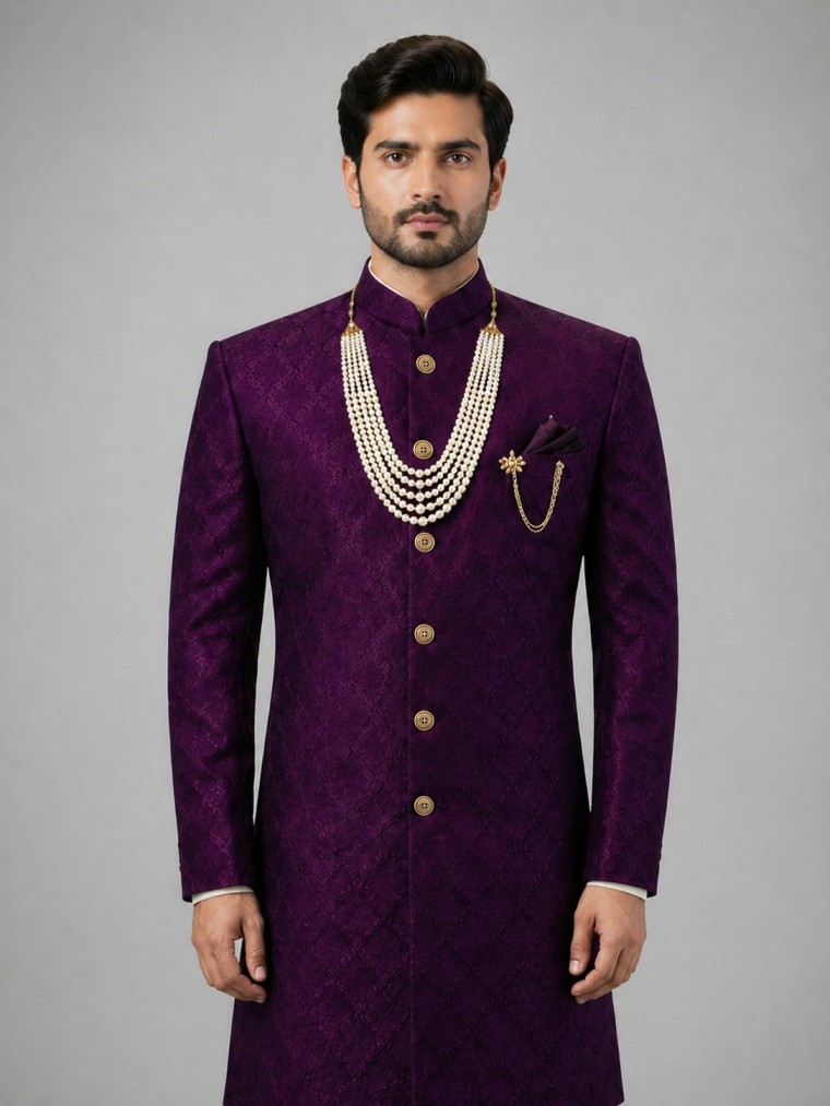 ROYAL WINE JACQUARD SHERWANI - Image 2