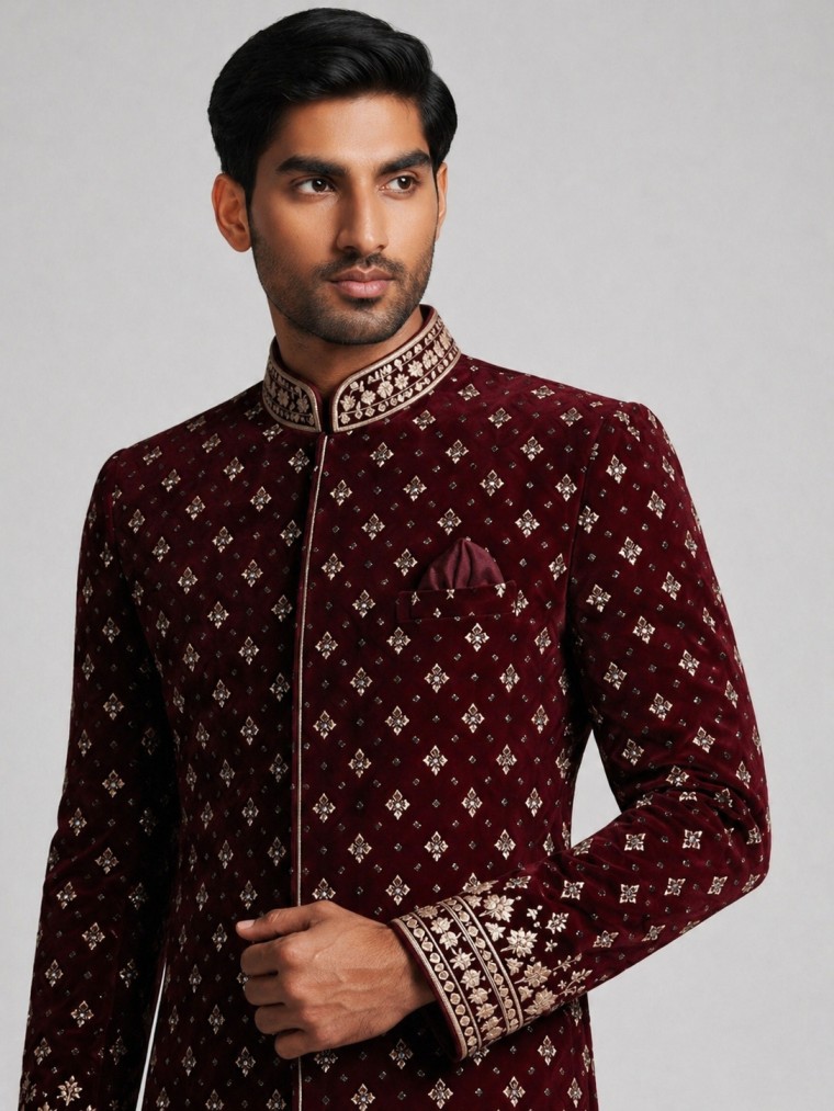 MAROON ZARI EMBROIDERED SHERWANI - Image 2