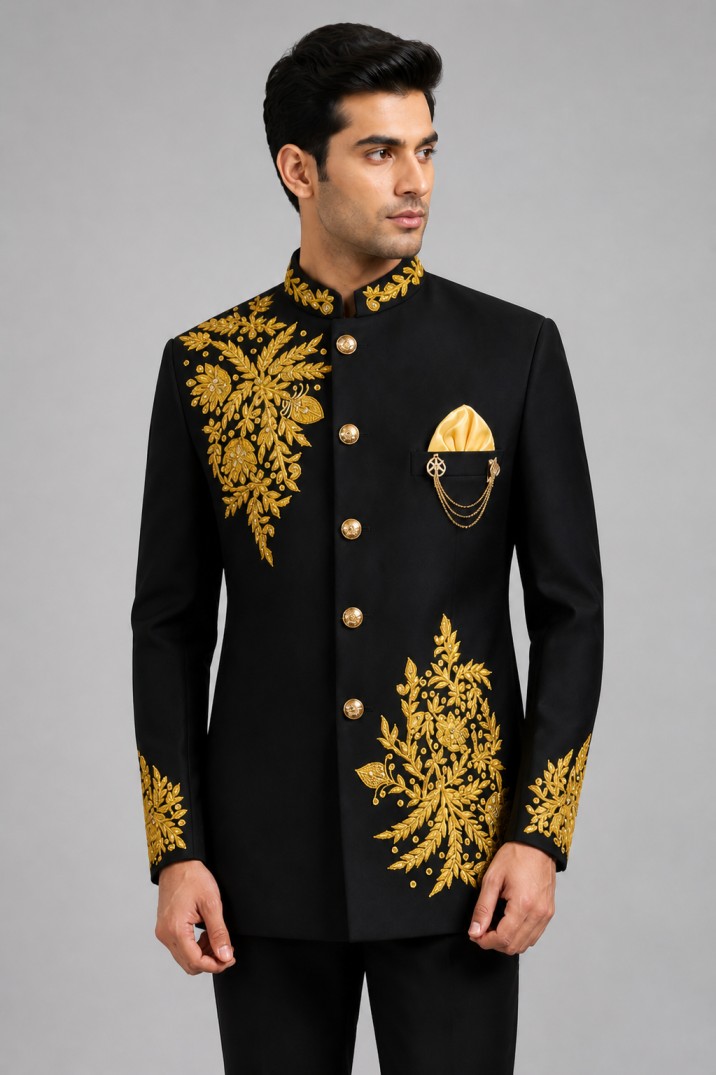 BLACK & GOLD DESIGNER JODHPURI SUIT - Image 2