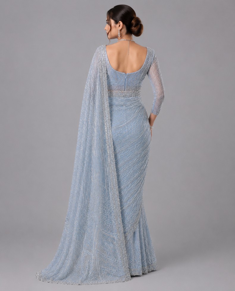 ICE BLUE CRYSTAL EMBELLISHED DESIGNER SAREE - Image 3