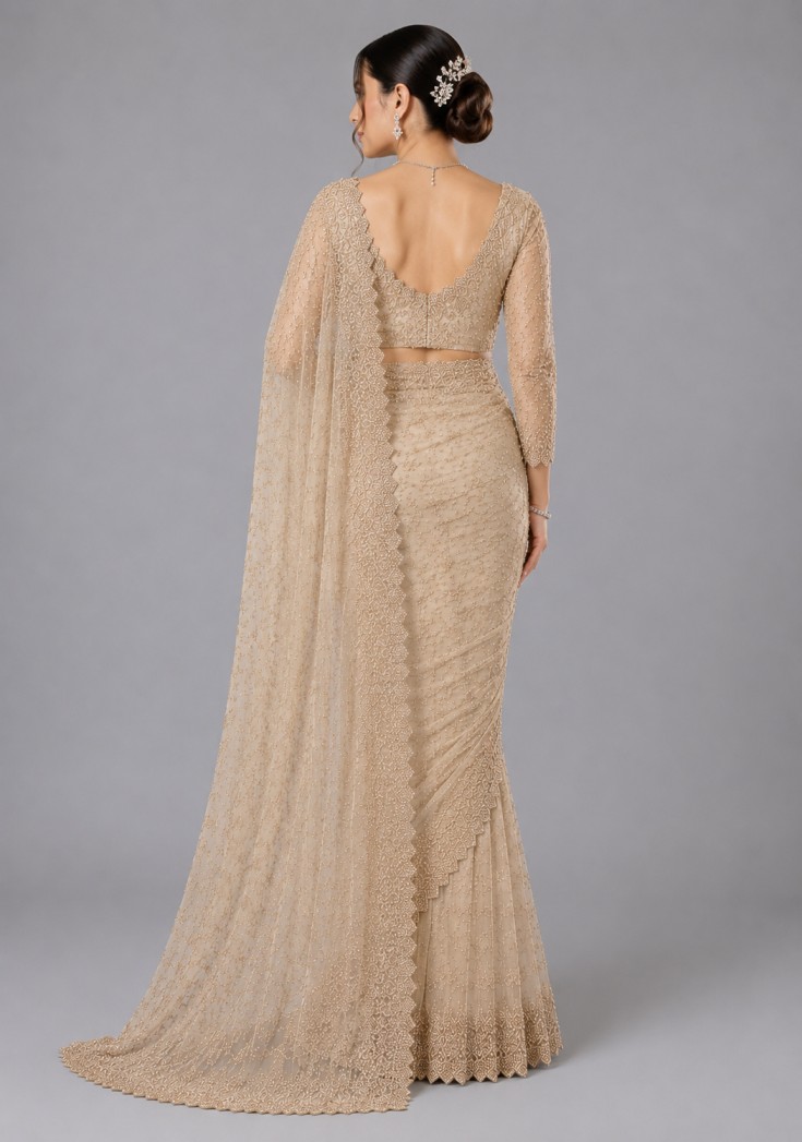 CHAMPAGNE GOLD EMBELLISHED DESIGNER SAREE - Image 3