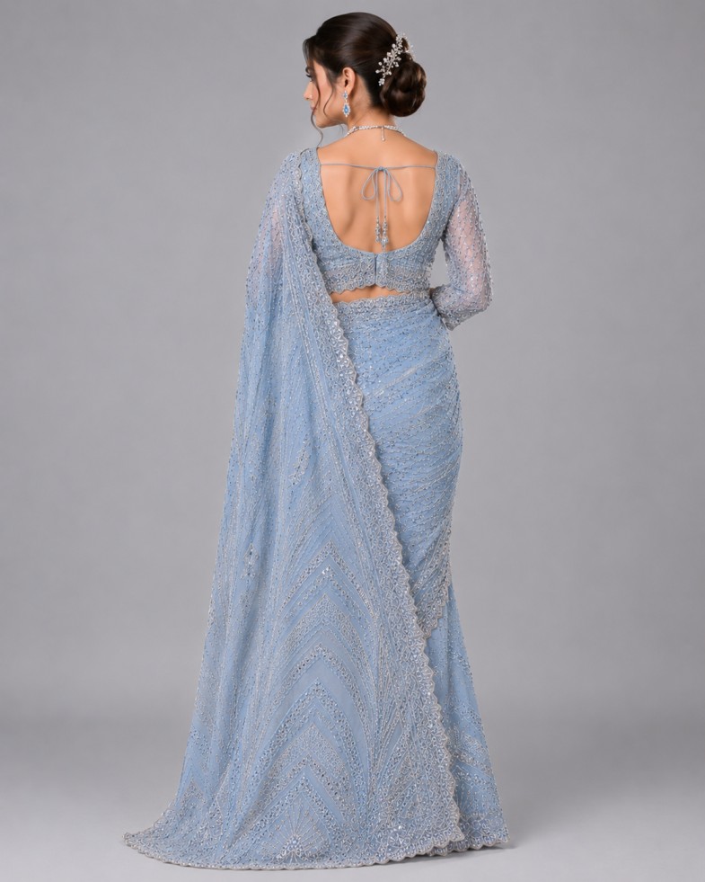 POWDER BLUE CRYSTAL EMBELLISHED DESIGNER SAREE - Image 3