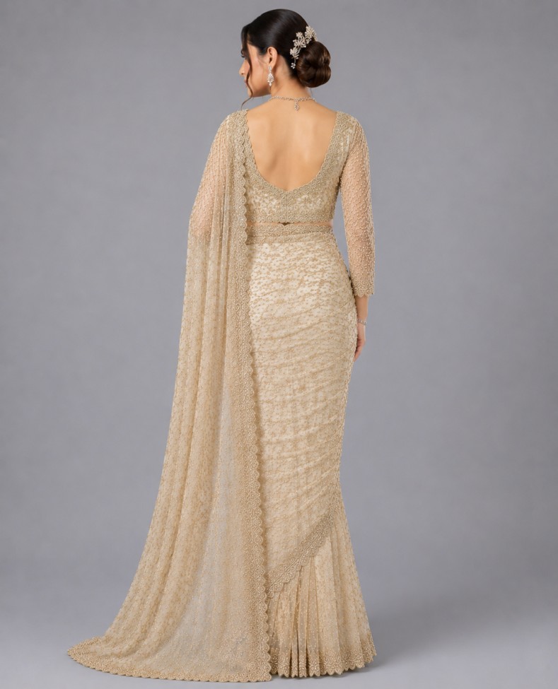 IVORY GOLD EMBELLISHED DESIGNER SAREE - Image 3