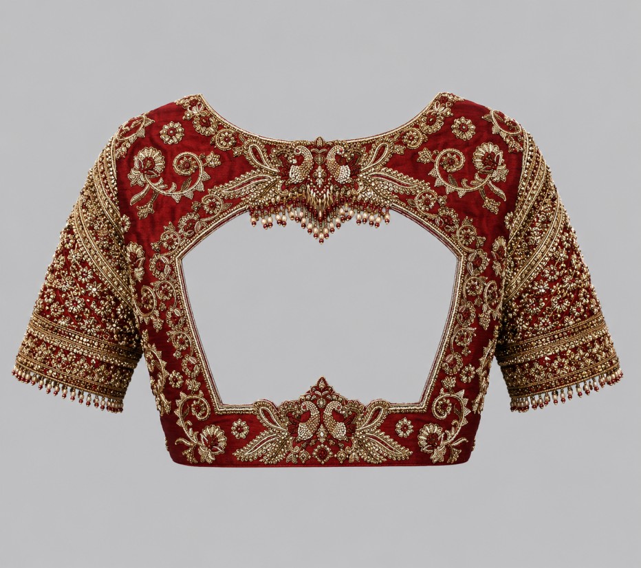 ROYAL CRIMSON PEACOCK DESIGNER BRIDAL BLOUSE - Image 3