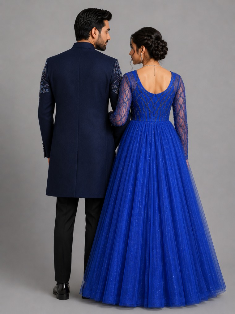 ROYAL & NAVY BLUE INDO WESTERN COUPLE SET - Image 3