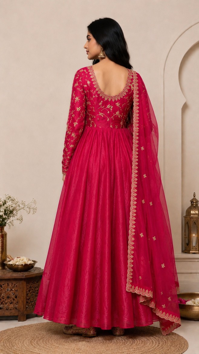 FUCHSIA PINK EMBROIDERED ANARKALI SET - Image 3