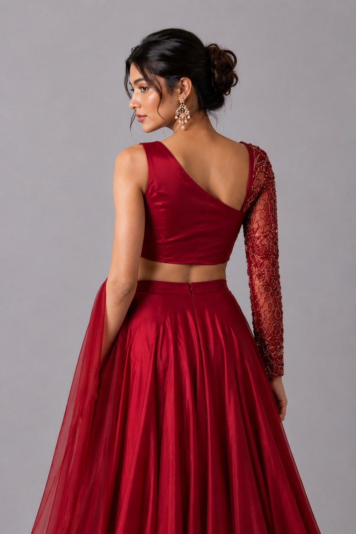 CRIMSON ONE-SHOULDER DESIGNER INDO WESTERN - Image 3