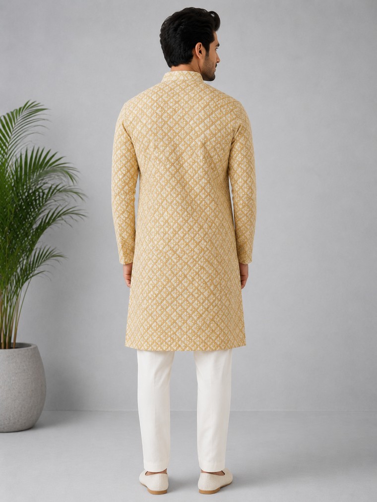 GOLDEN BEIGE EMBROIDERED KURTA SET - Image 3