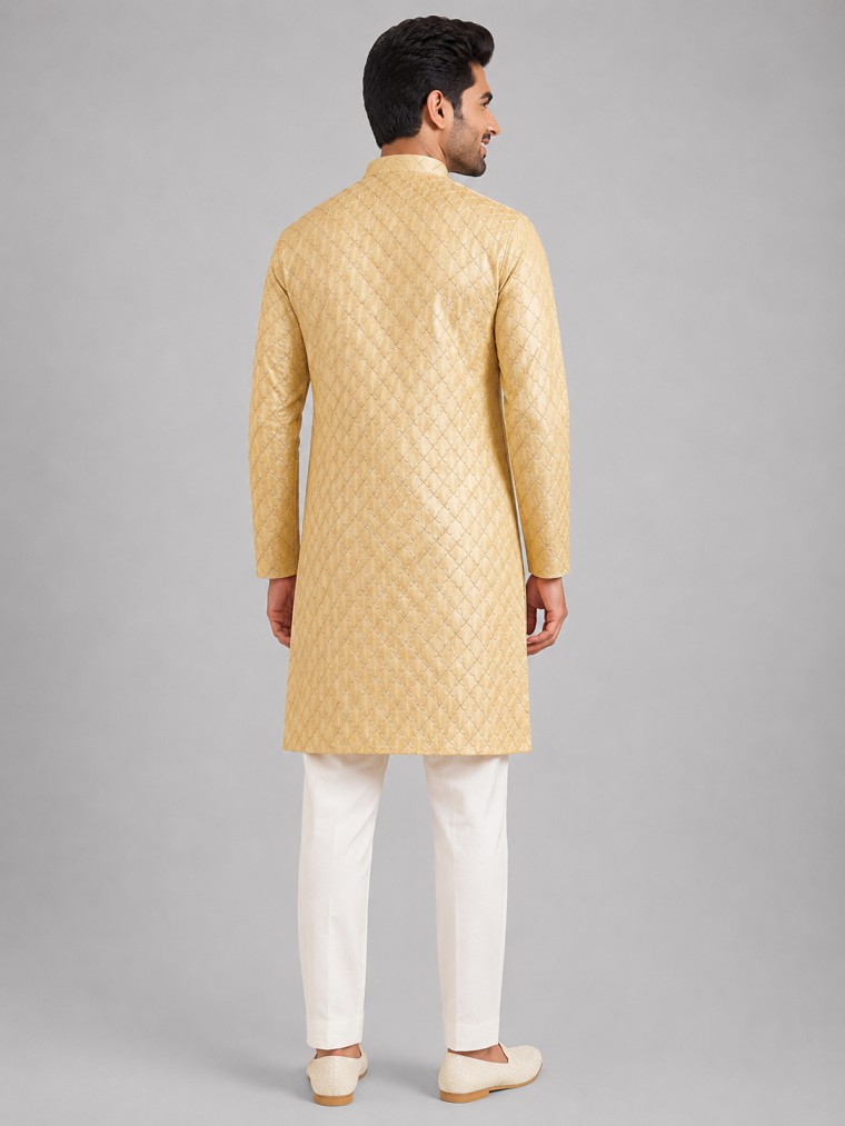 GOLDEN BEIGE TEXTURED BROCADE KURTA SET - Image 3