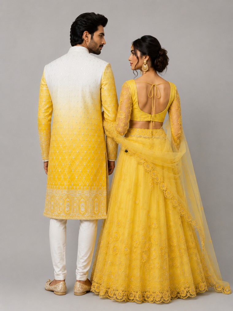 SUNSHINE YELLOW EMBROIDERED HALDI COUPLE SET - Image 3