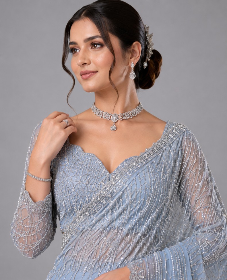 ICE BLUE CRYSTAL EMBELLISHED DESIGNER SAREE - Image 2