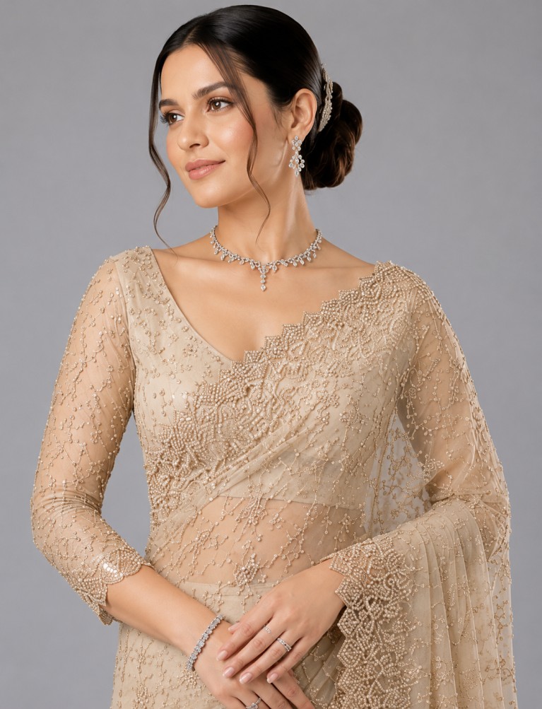 CHAMPAGNE GOLD EMBELLISHED DESIGNER SAREE - Image 2