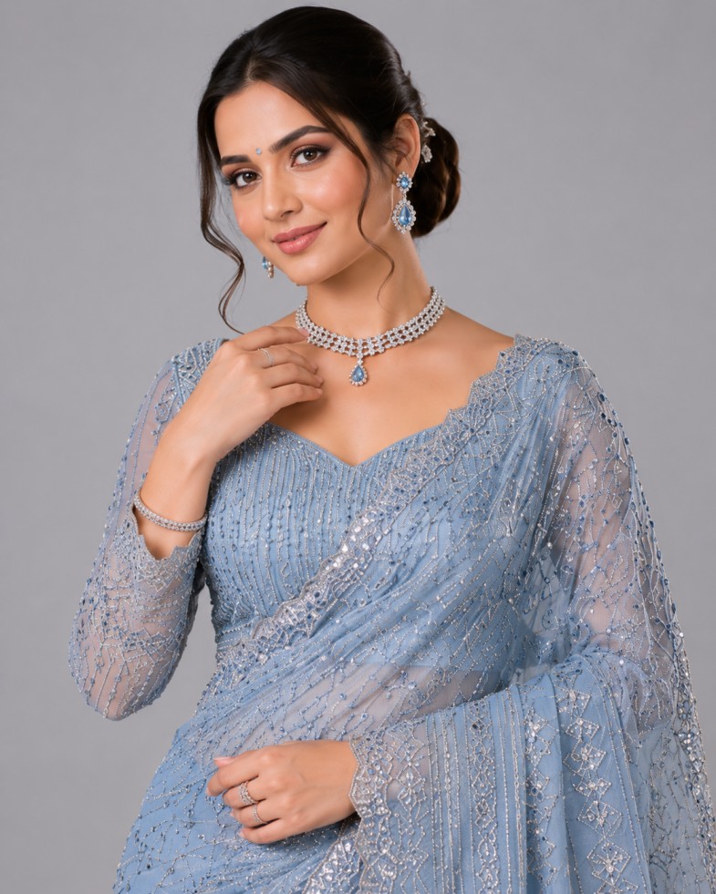 POWDER BLUE CRYSTAL EMBELLISHED DESIGNER SAREE - Image 2