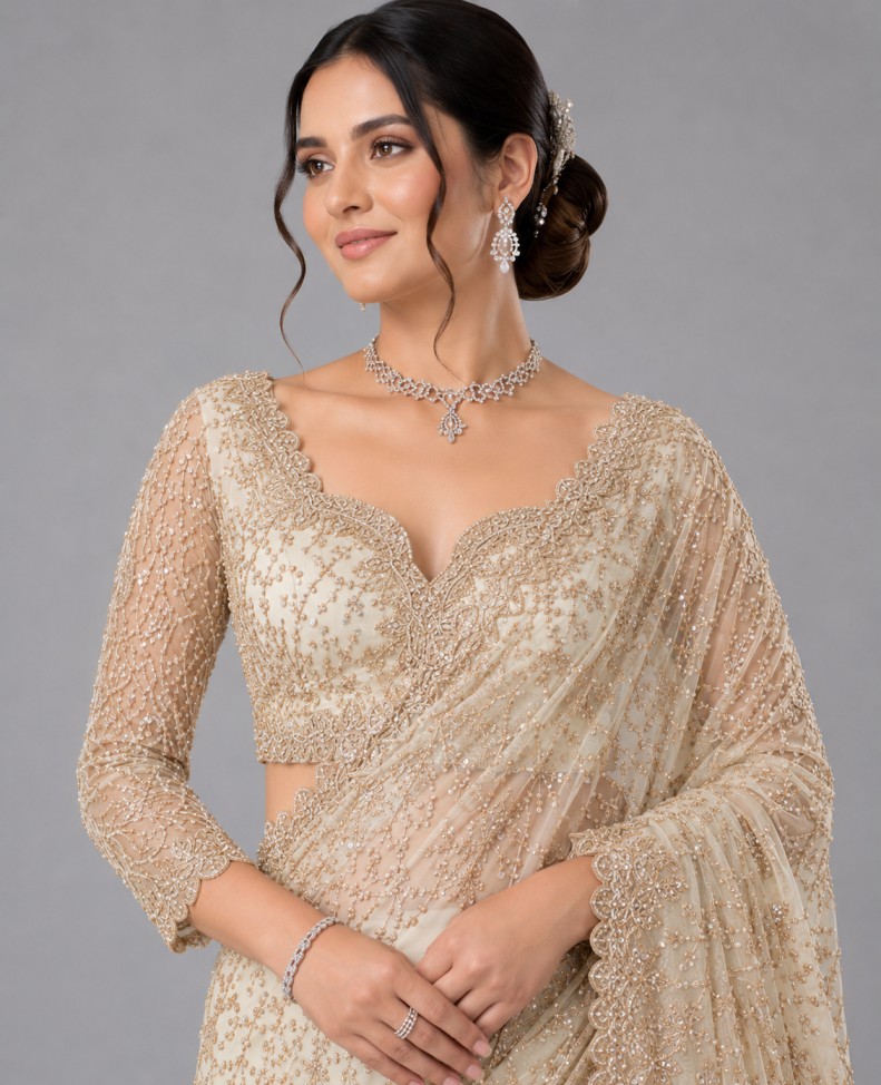 IVORY GOLD EMBELLISHED DESIGNER SAREE - Image 2