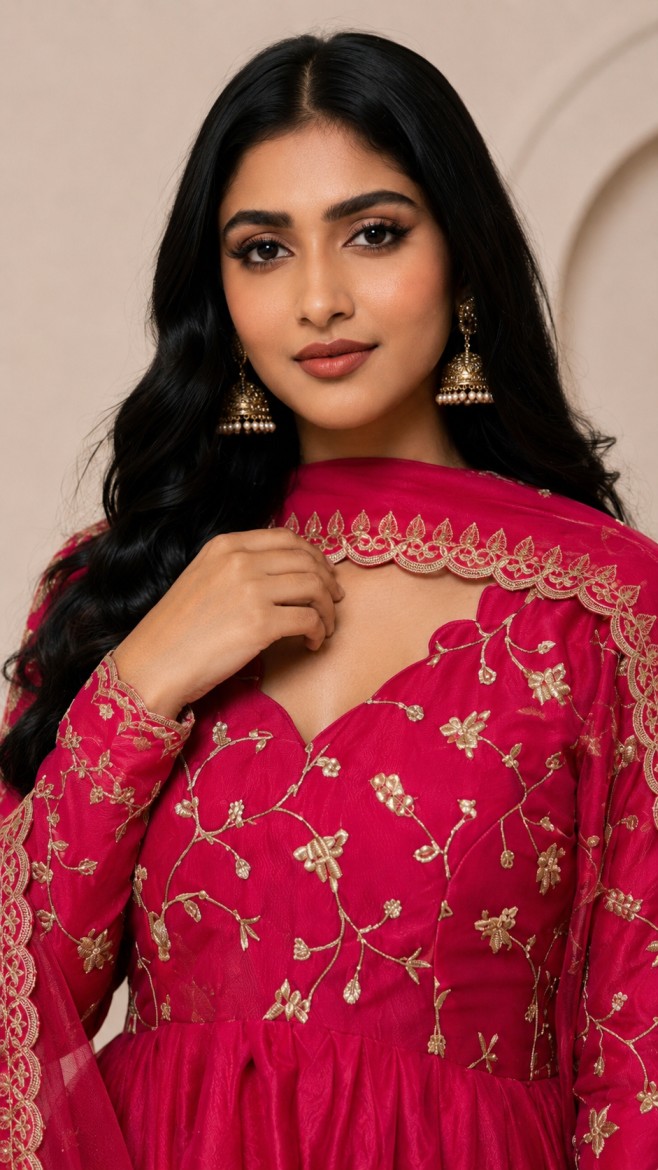 FUCHSIA PINK EMBROIDERED ANARKALI SET - Image 2