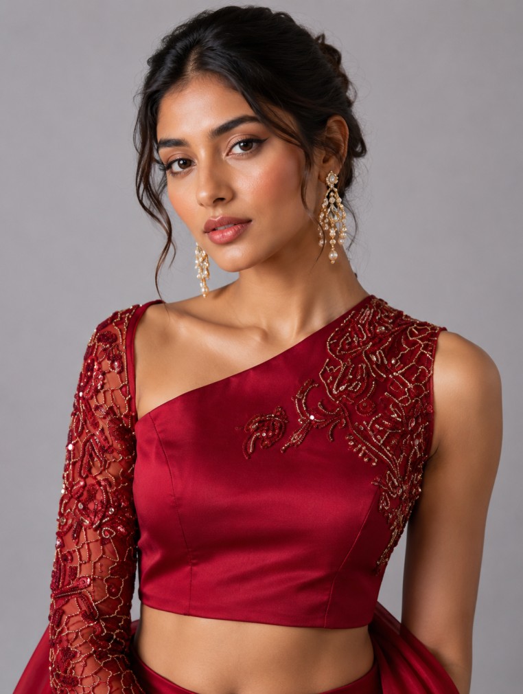 CRIMSON ONE-SHOULDER DESIGNER INDO WESTERN - Image 2
