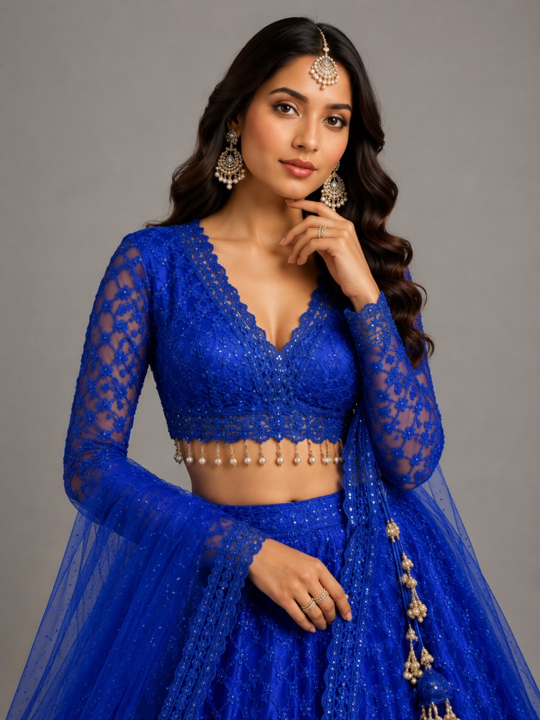 ROYAL BLUE EMBROIDERED LEHENGA - Image 2
