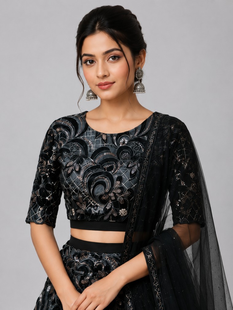 MIDNIGHT BLACK EMBROIDERED LEHENGA - Image 2