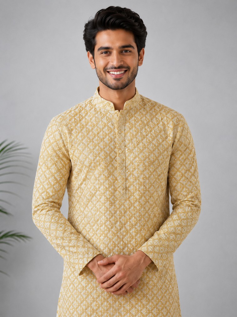GOLDEN BEIGE EMBROIDERED KURTA SET - Image 2