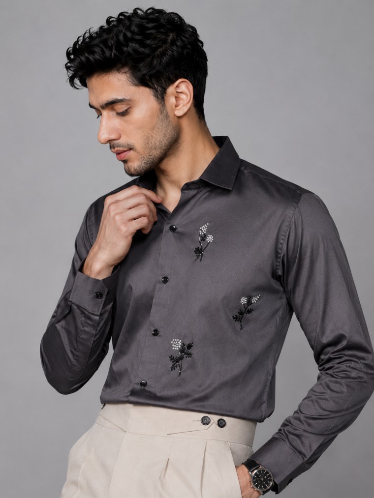 CHARCOAL GREY SEQUINS DESIGNER SHIRT SET - Image 2