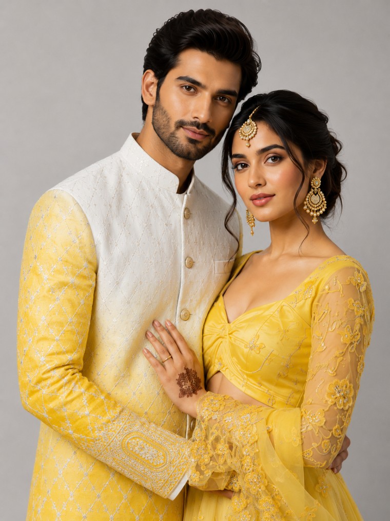 SUNSHINE YELLOW EMBROIDERED HALDI COUPLE SET - Image 2