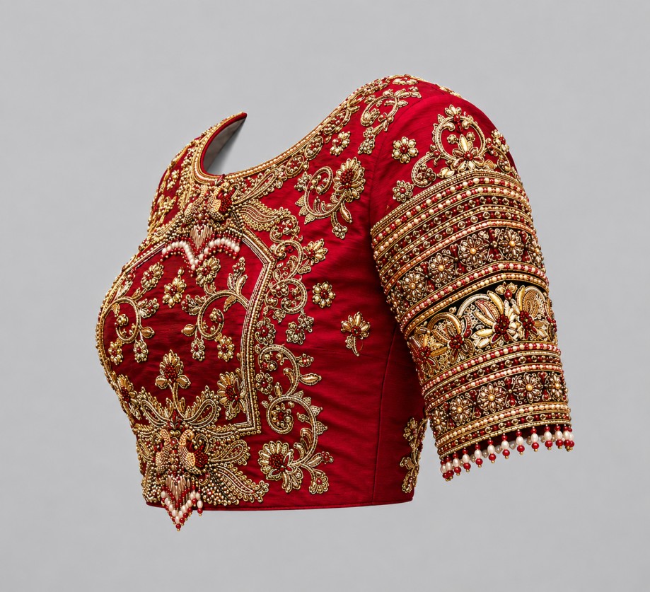 ROYAL CRIMSON PEACOCK DESIGNER BRIDAL BLOUSE - Image 2