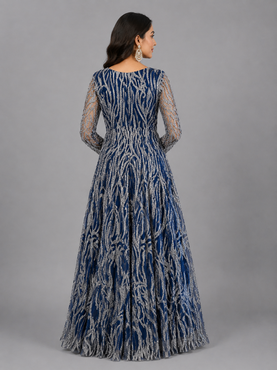 MIDNIGHT BLUE SEQUIN EMBELLISHED DESIGNER GOWN - Image 3