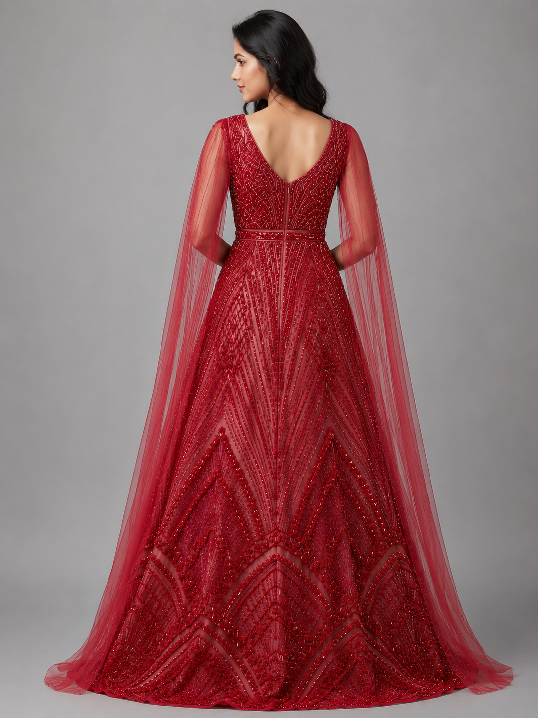 CRIMSON RED CRYSTAL EMBELLISHED DESIGNER GOWN - Image 3