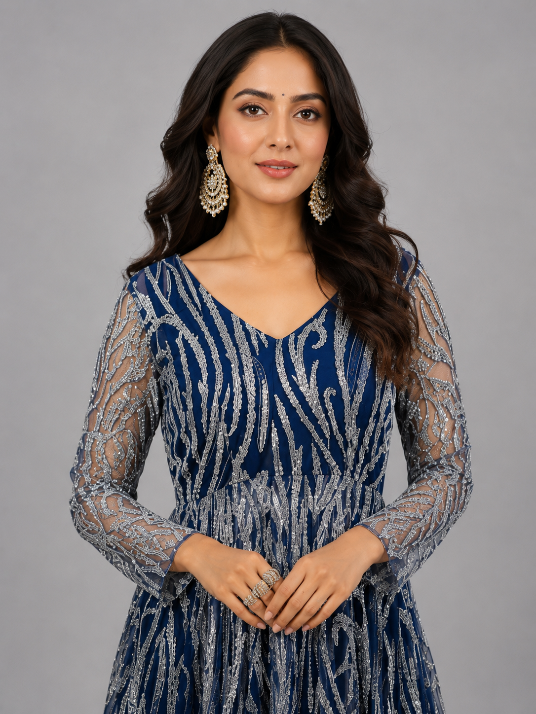 MIDNIGHT BLUE SEQUIN EMBELLISHED DESIGNER GOWN - Image 2