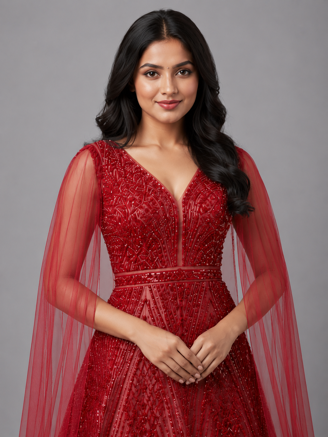 CRIMSON RED CRYSTAL EMBELLISHED DESIGNER GOWN - Image 2